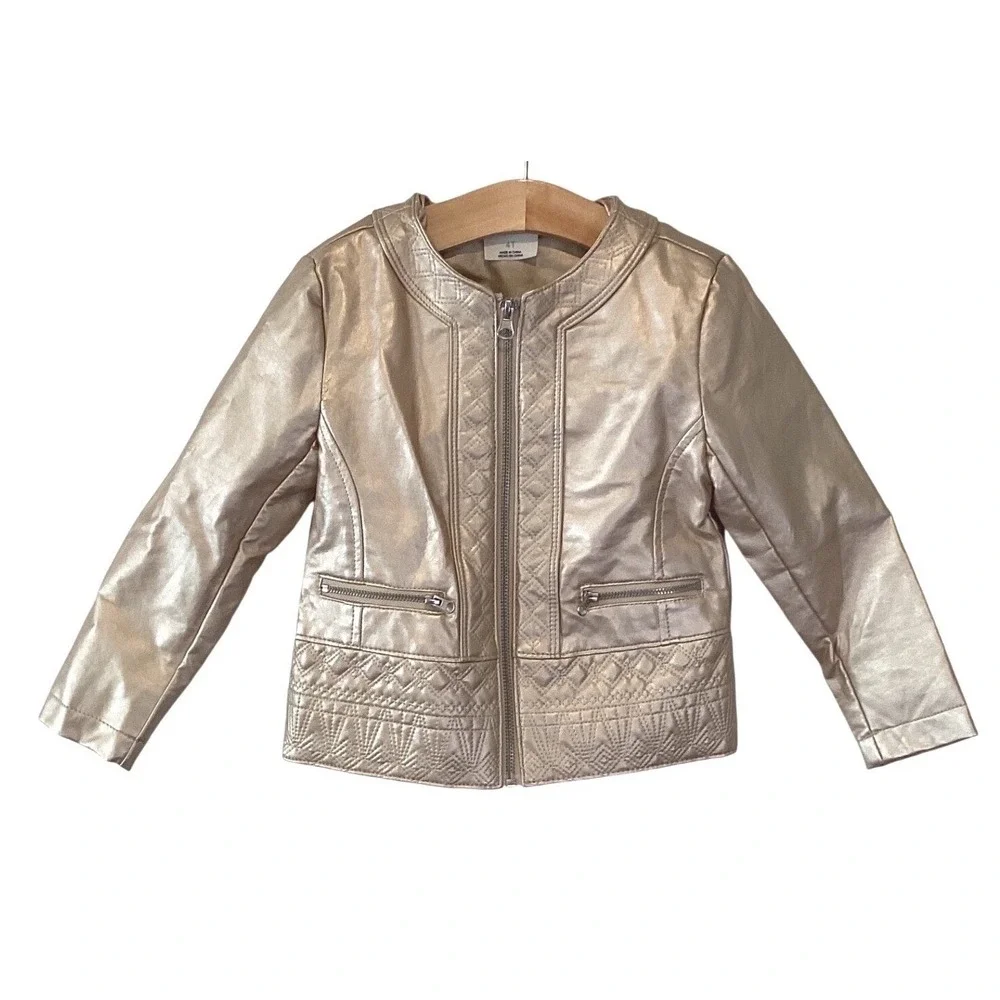 OshKosh Girls‎ Sparkle Gold Metallic Faux Leather Moto Jacket Quilted - 4T